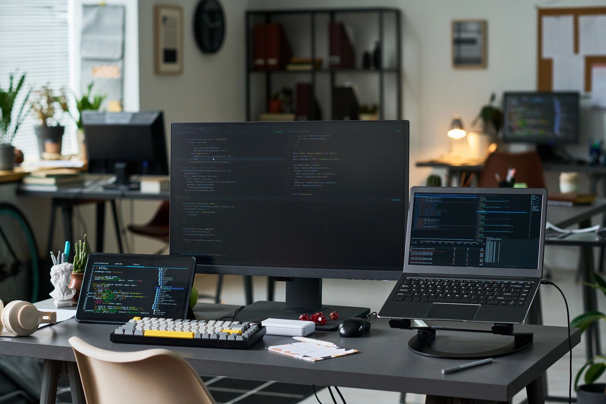Modern mobile app workspace with screens and devices
